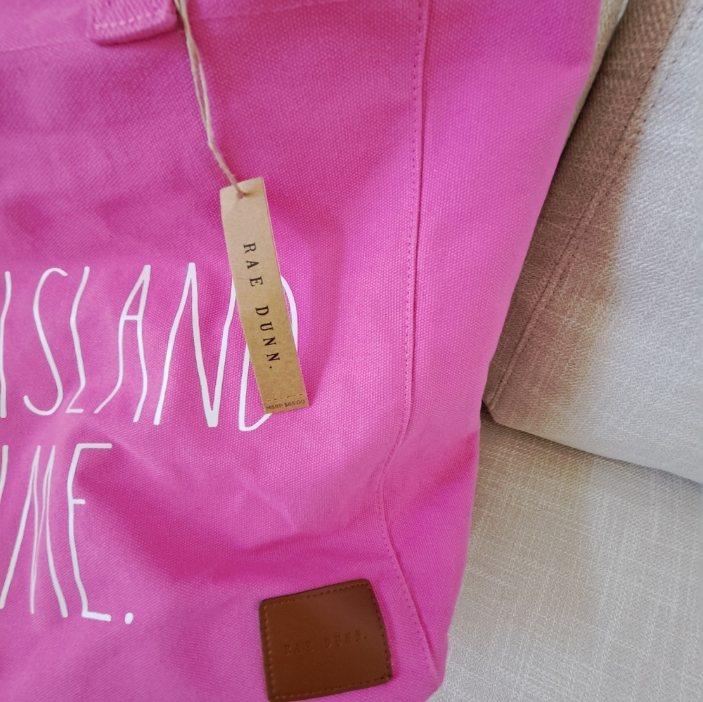 Rae Dunn Hot Pink "On Island Time" Canvas Tote - Picture 2 of 5